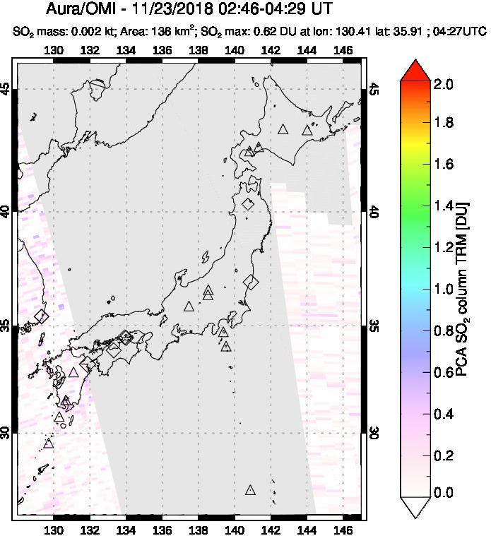 A sulfur dioxide image over Japan on Nov 23, 2018.