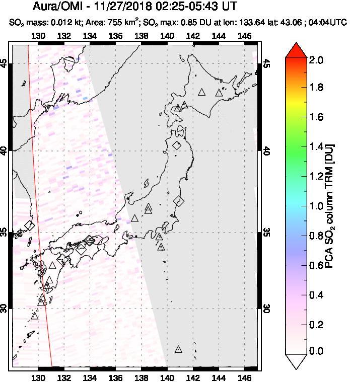 A sulfur dioxide image over Japan on Nov 27, 2018.