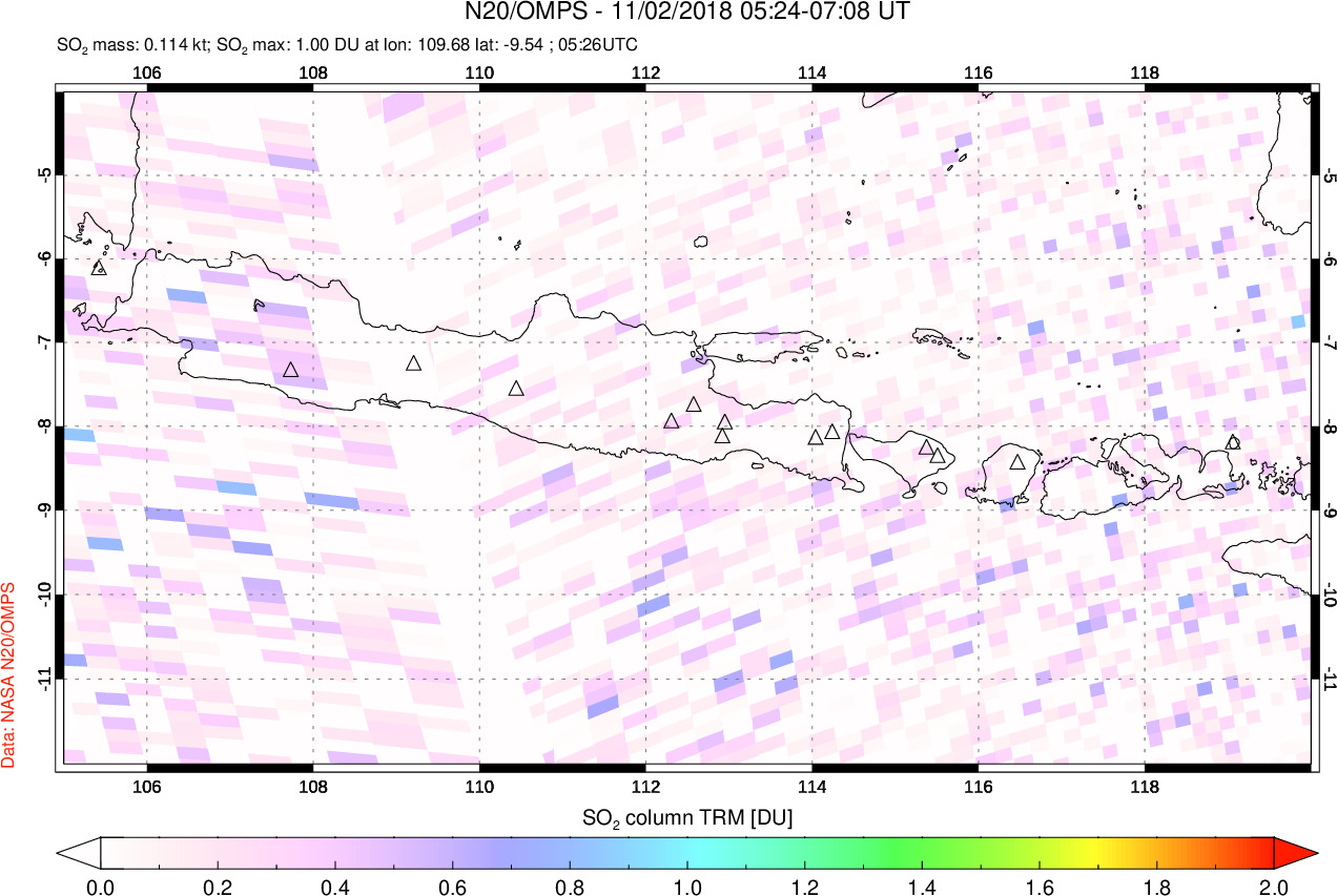A sulfur dioxide image over Java, Indonesia on Nov 02, 2018.