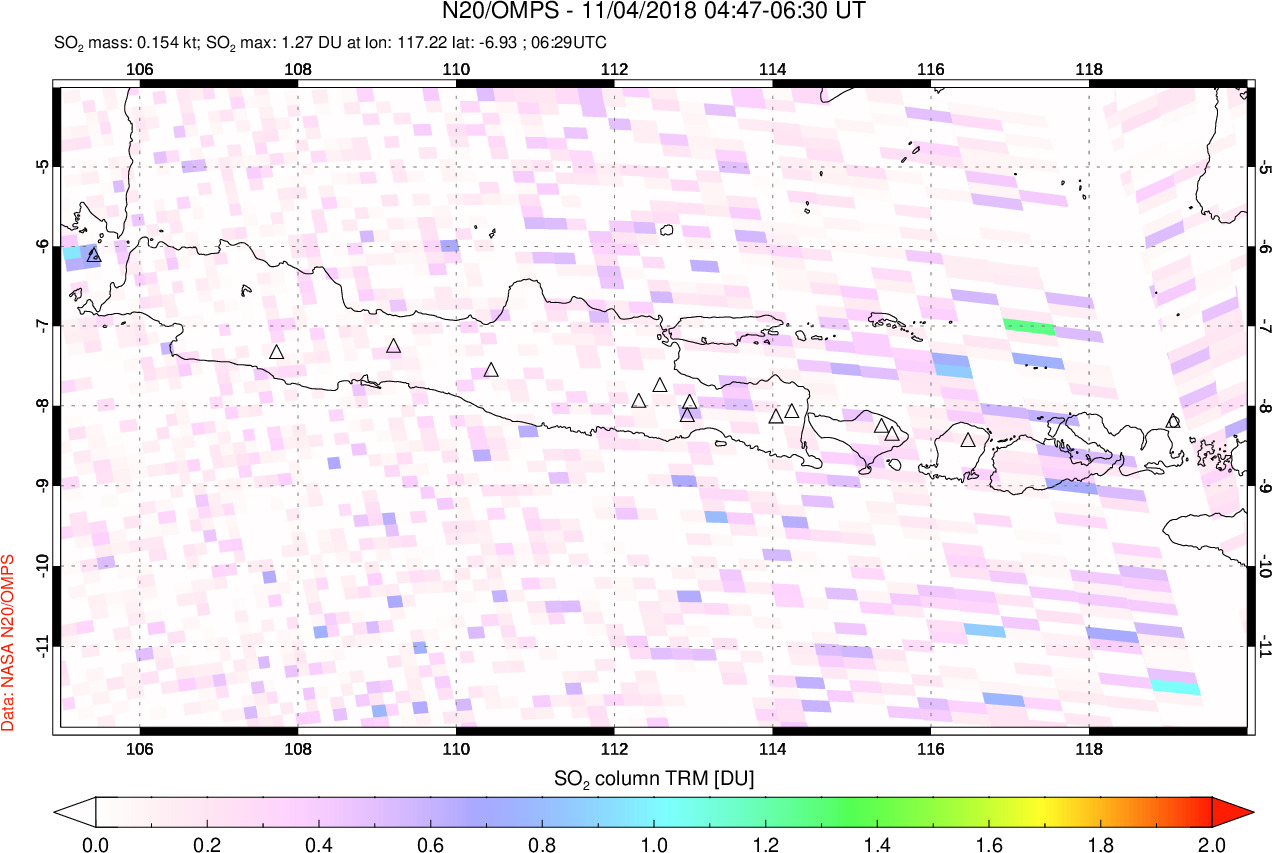 A sulfur dioxide image over Java, Indonesia on Nov 04, 2018.