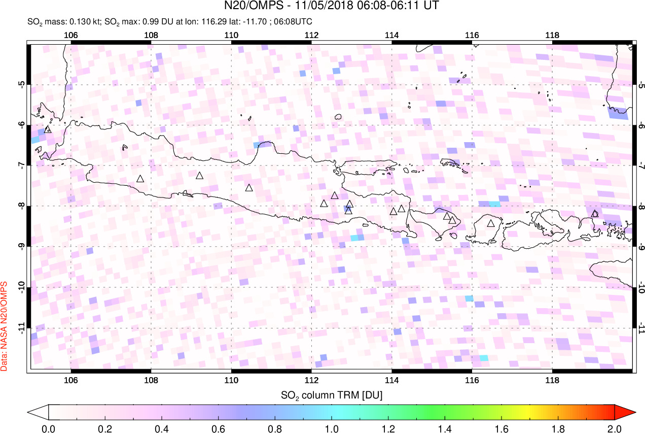 A sulfur dioxide image over Java, Indonesia on Nov 05, 2018.