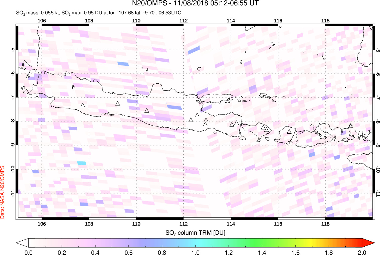 A sulfur dioxide image over Java, Indonesia on Nov 08, 2018.
