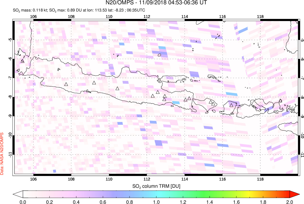 A sulfur dioxide image over Java, Indonesia on Nov 09, 2018.