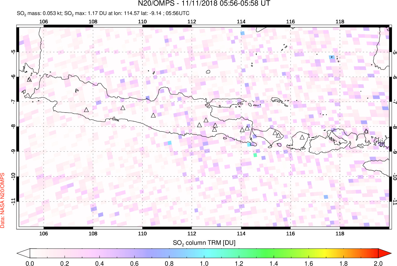 A sulfur dioxide image over Java, Indonesia on Nov 11, 2018.