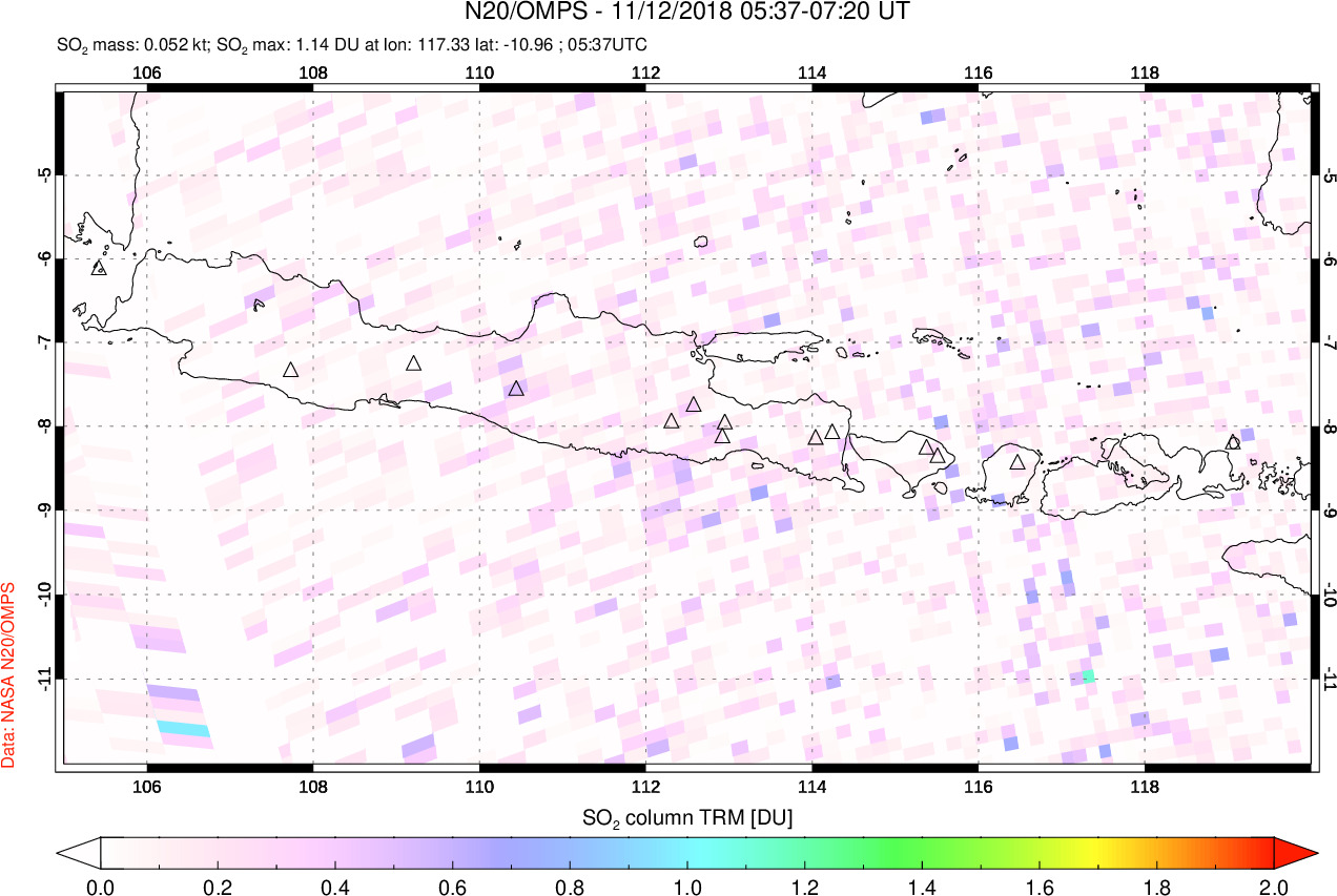 A sulfur dioxide image over Java, Indonesia on Nov 12, 2018.