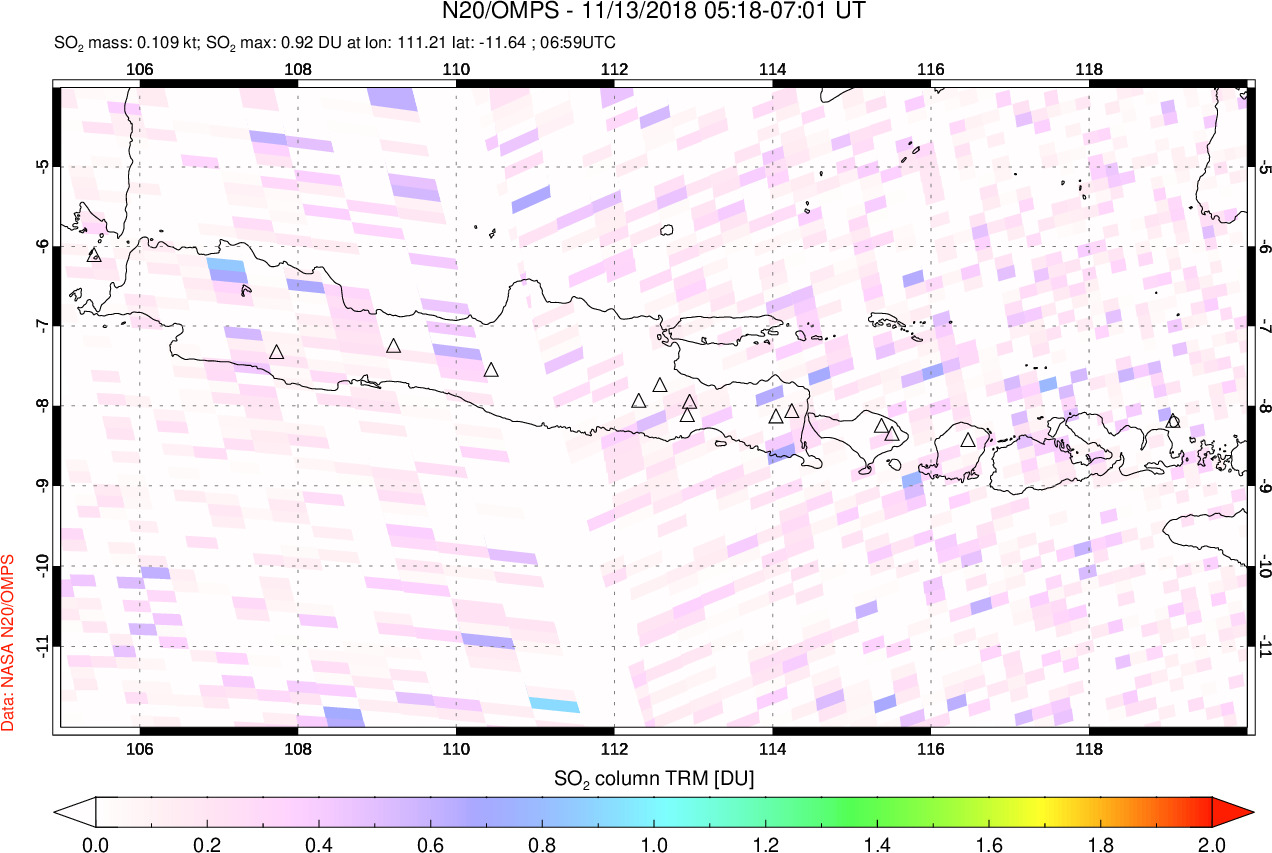 A sulfur dioxide image over Java, Indonesia on Nov 13, 2018.