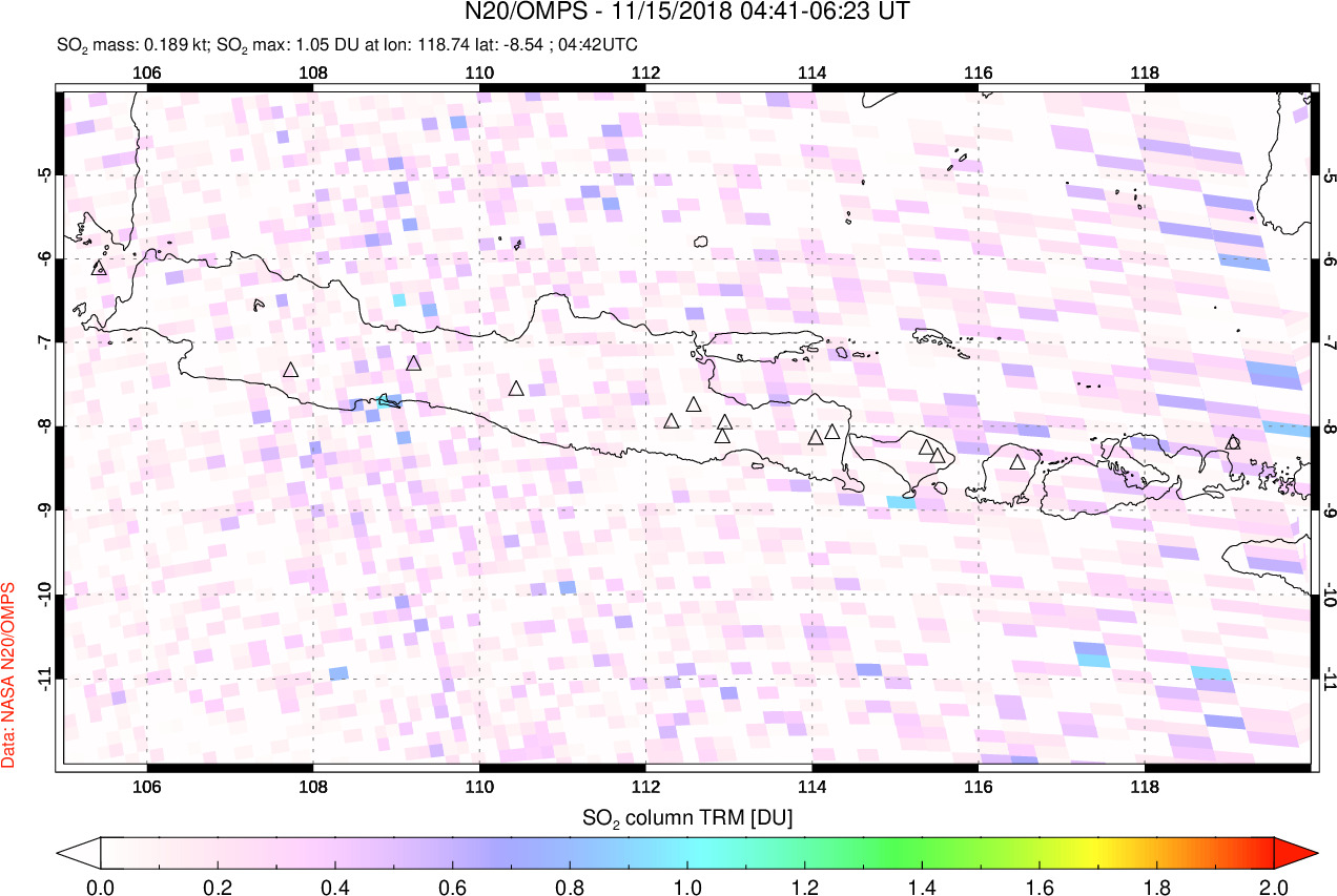 A sulfur dioxide image over Java, Indonesia on Nov 15, 2018.