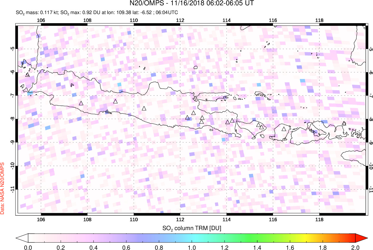 A sulfur dioxide image over Java, Indonesia on Nov 16, 2018.