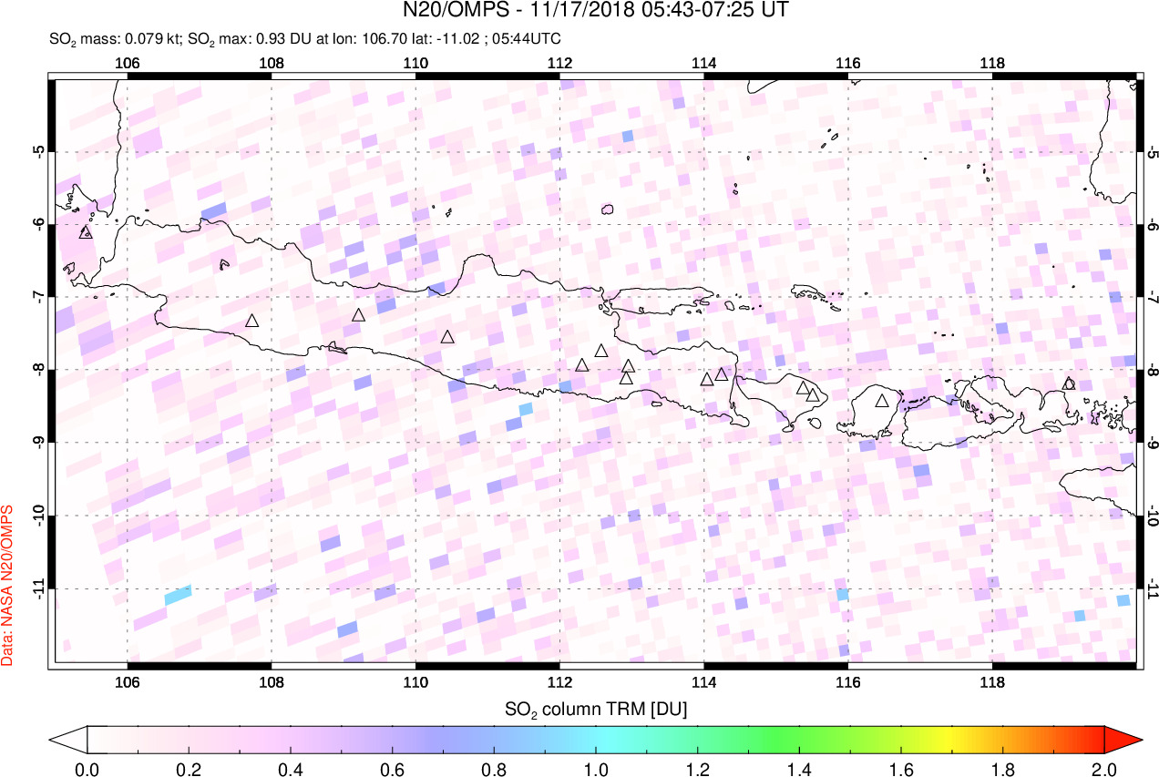 A sulfur dioxide image over Java, Indonesia on Nov 17, 2018.