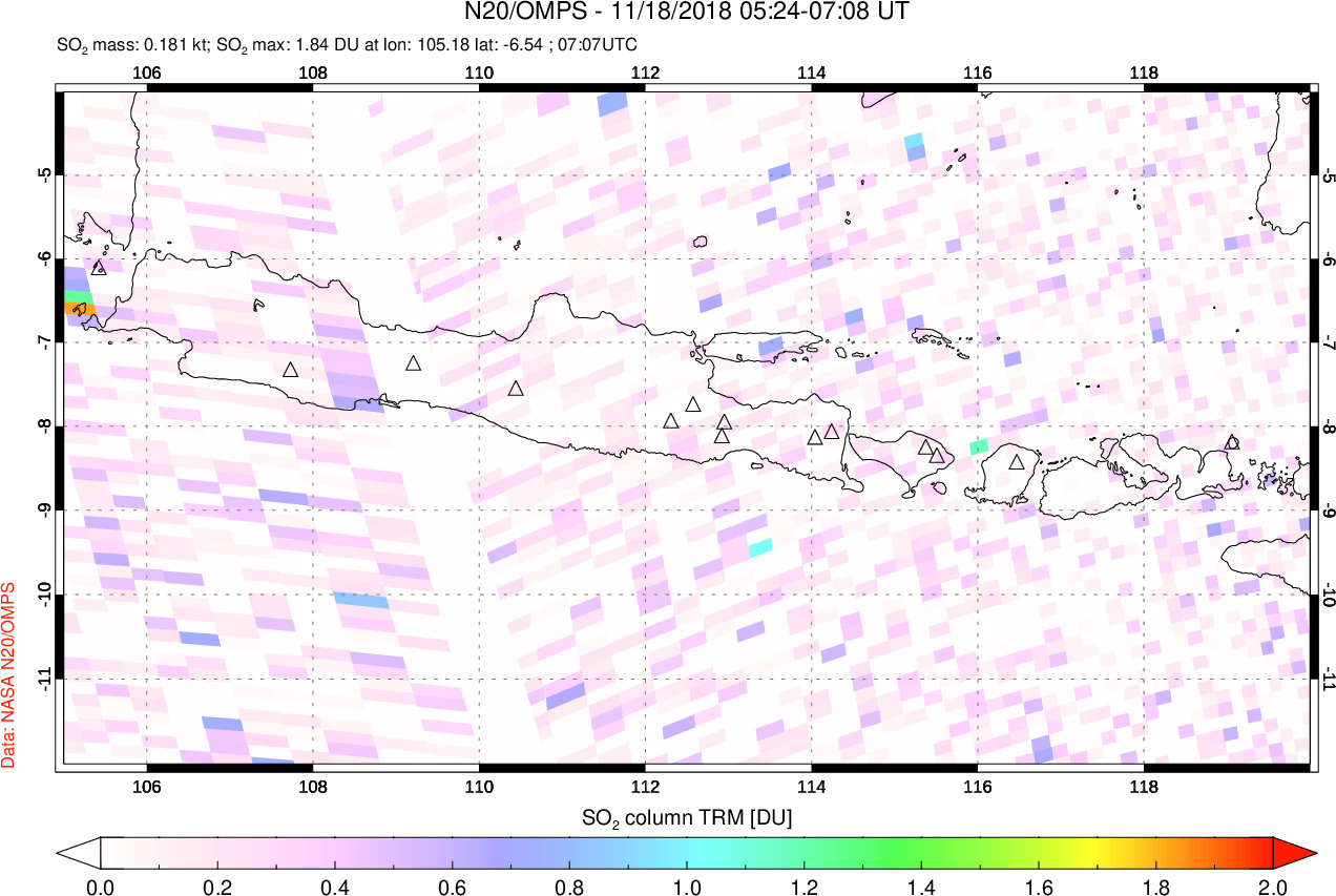A sulfur dioxide image over Java, Indonesia on Nov 18, 2018.