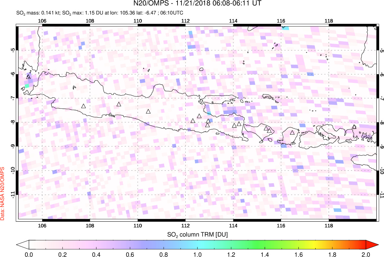 A sulfur dioxide image over Java, Indonesia on Nov 21, 2018.