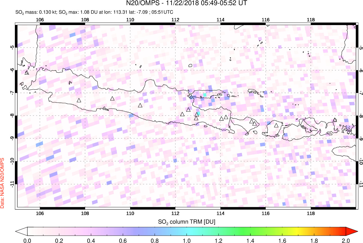A sulfur dioxide image over Java, Indonesia on Nov 22, 2018.