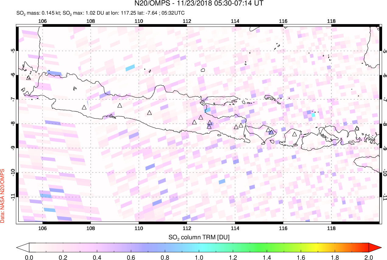 A sulfur dioxide image over Java, Indonesia on Nov 23, 2018.