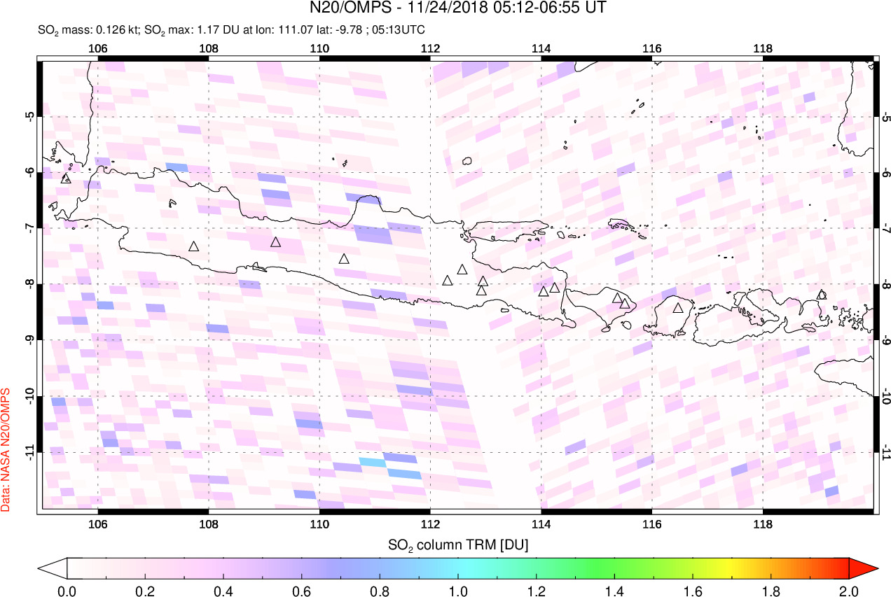 A sulfur dioxide image over Java, Indonesia on Nov 24, 2018.