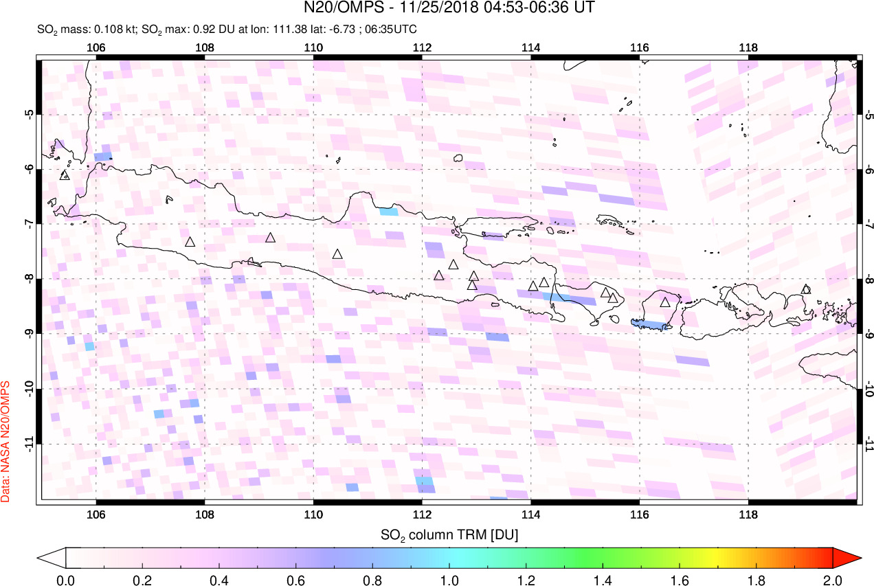 A sulfur dioxide image over Java, Indonesia on Nov 25, 2018.