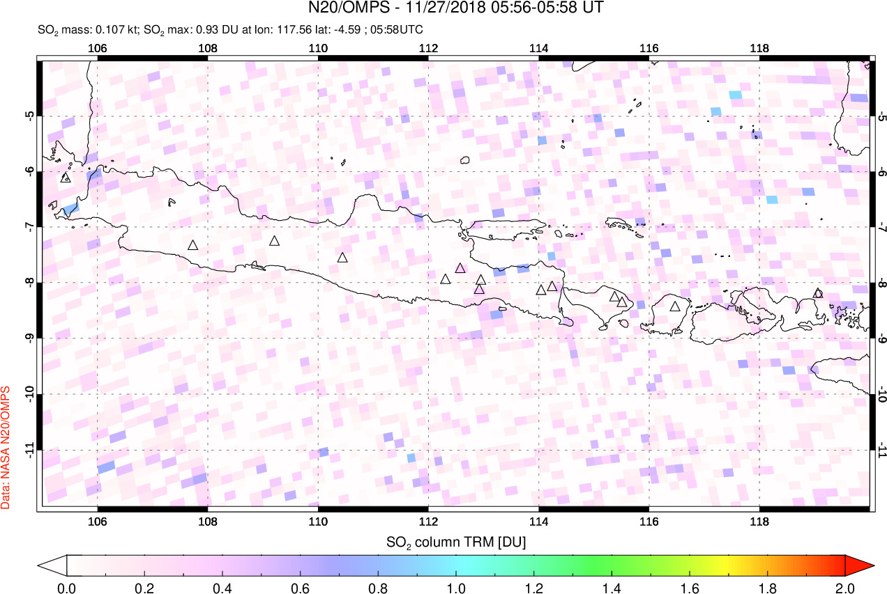 A sulfur dioxide image over Java, Indonesia on Nov 27, 2018.