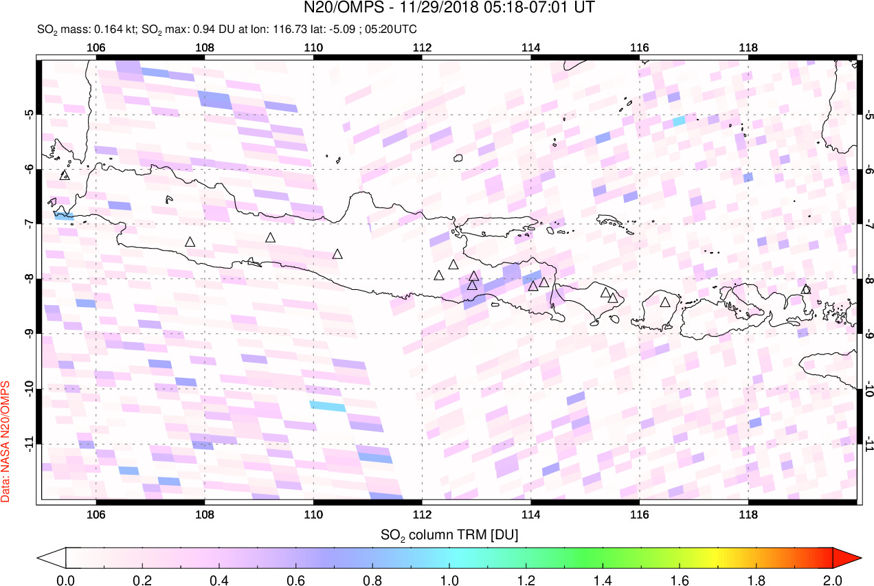 A sulfur dioxide image over Java, Indonesia on Nov 29, 2018.