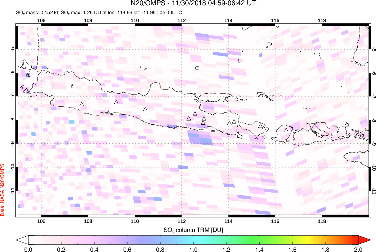 A sulfur dioxide image over Java, Indonesia on Nov 30, 2018.
