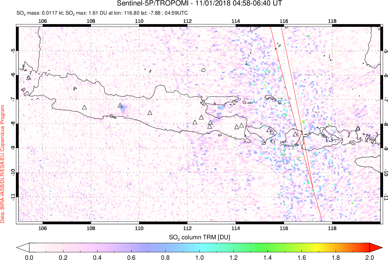 A sulfur dioxide image over Java, Indonesia on Nov 01, 2018.