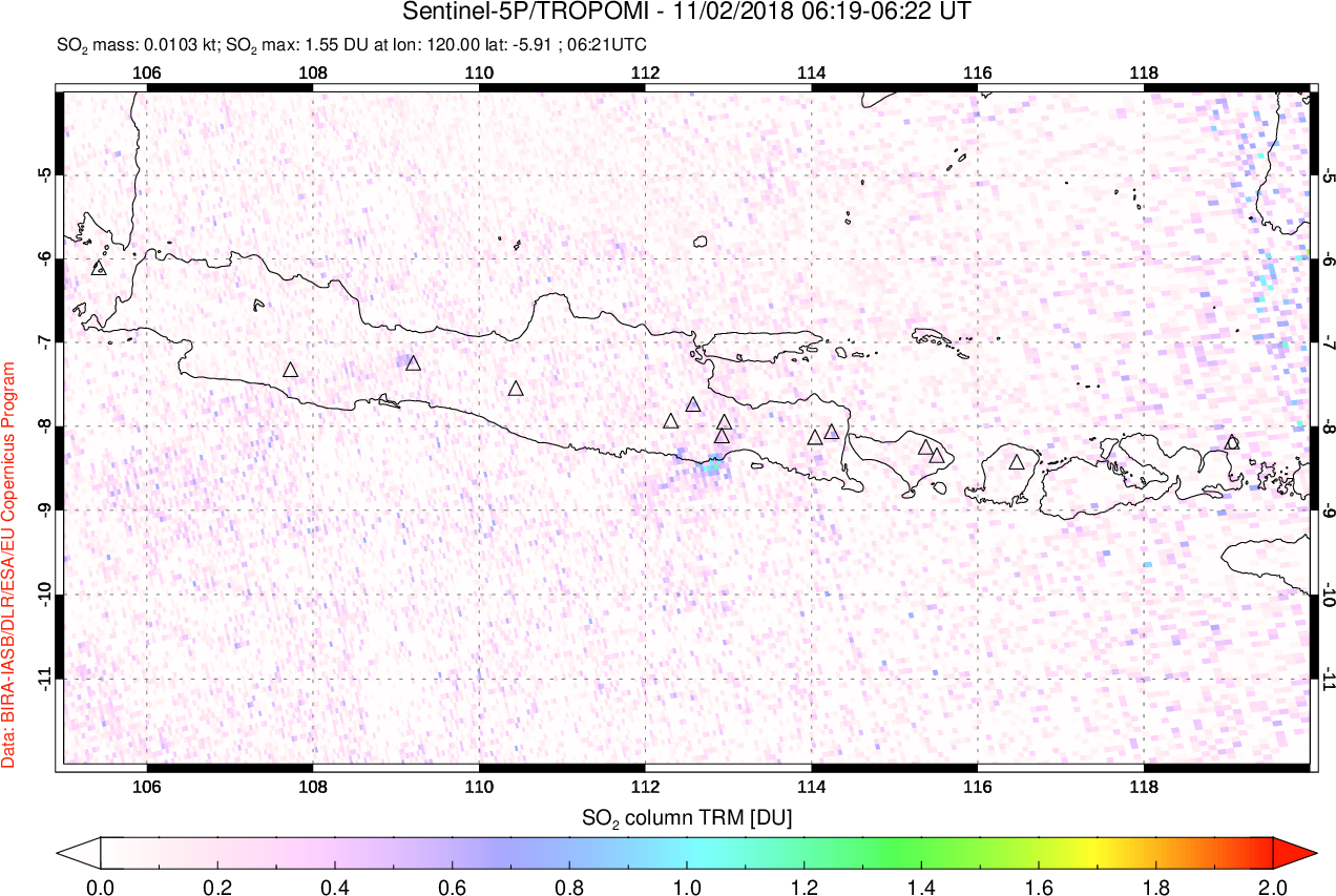 A sulfur dioxide image over Java, Indonesia on Nov 02, 2018.
