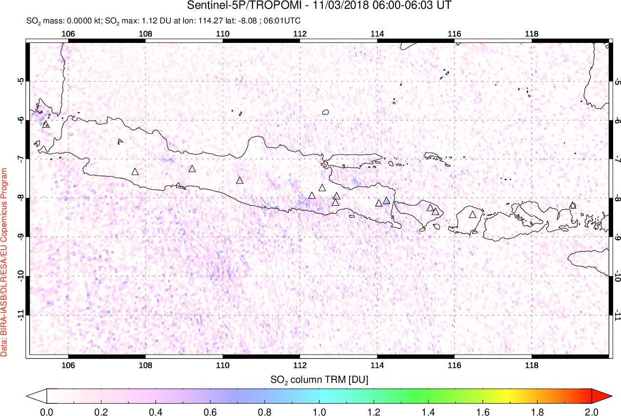 A sulfur dioxide image over Java, Indonesia on Nov 03, 2018.