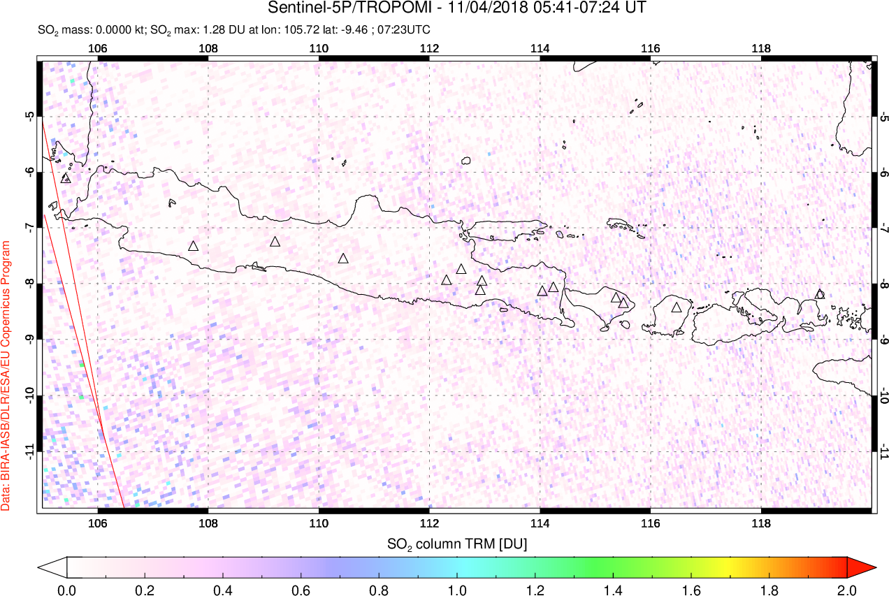 A sulfur dioxide image over Java, Indonesia on Nov 04, 2018.
