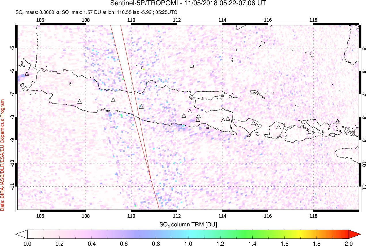 A sulfur dioxide image over Java, Indonesia on Nov 05, 2018.