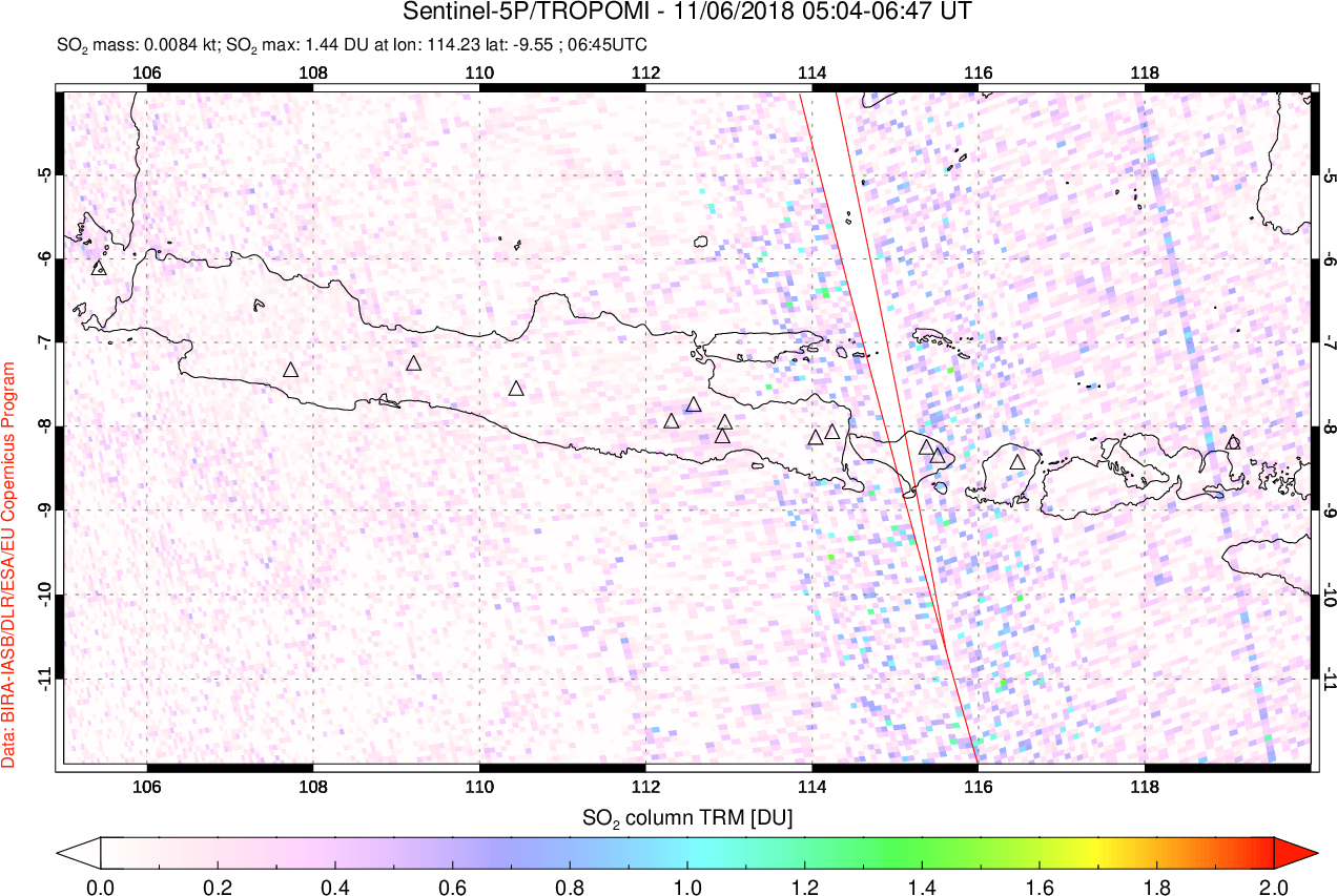 A sulfur dioxide image over Java, Indonesia on Nov 06, 2018.