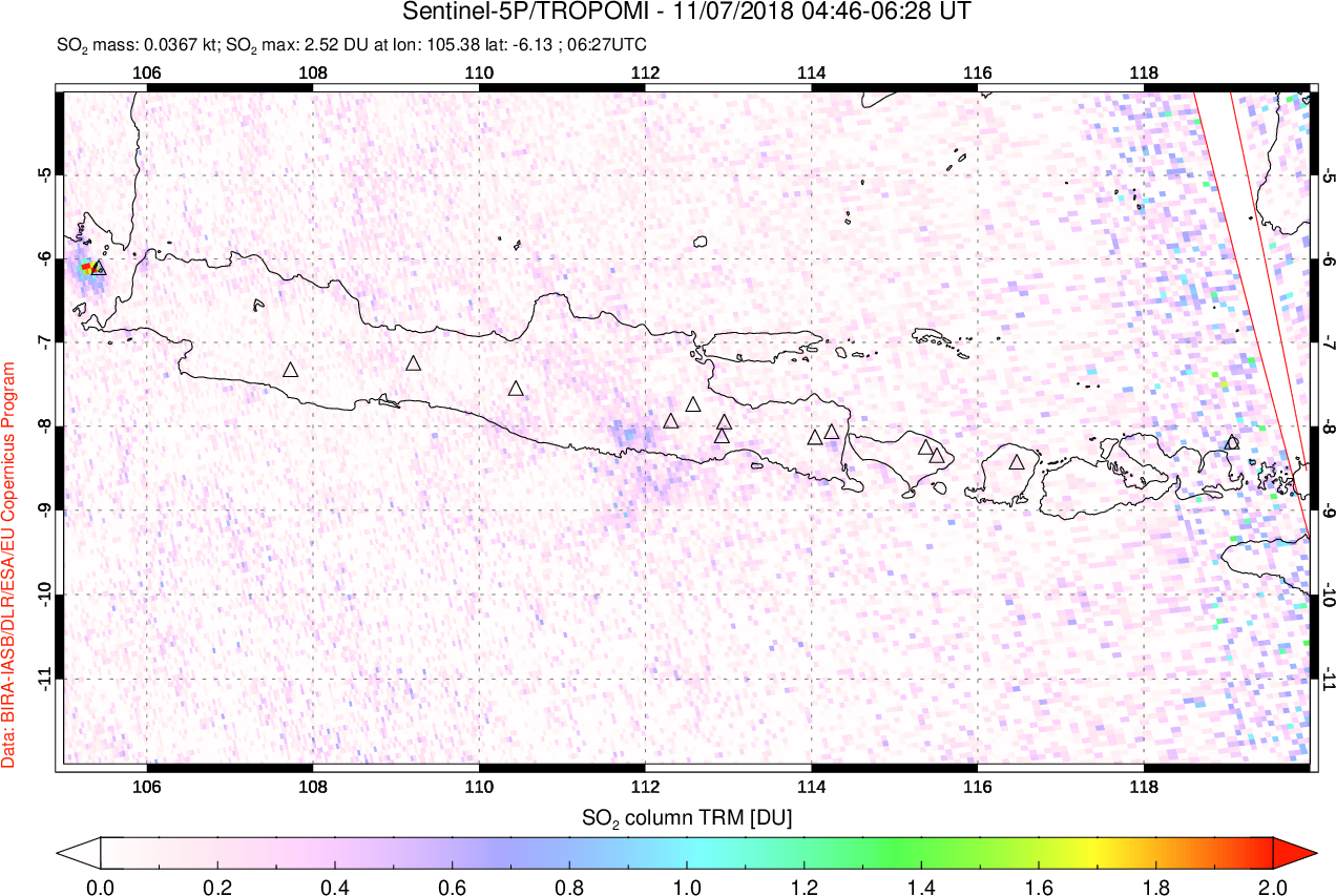 A sulfur dioxide image over Java, Indonesia on Nov 07, 2018.