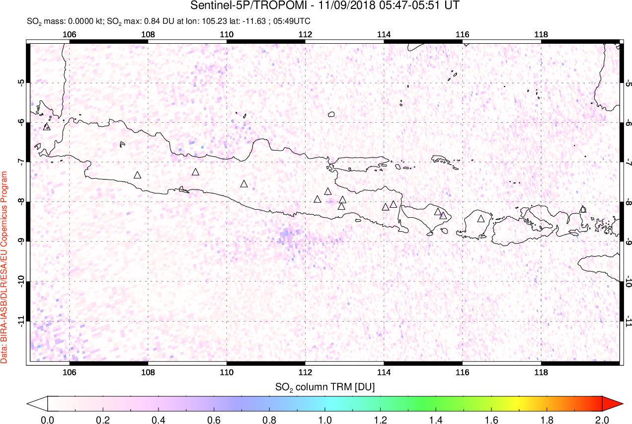 A sulfur dioxide image over Java, Indonesia on Nov 09, 2018.