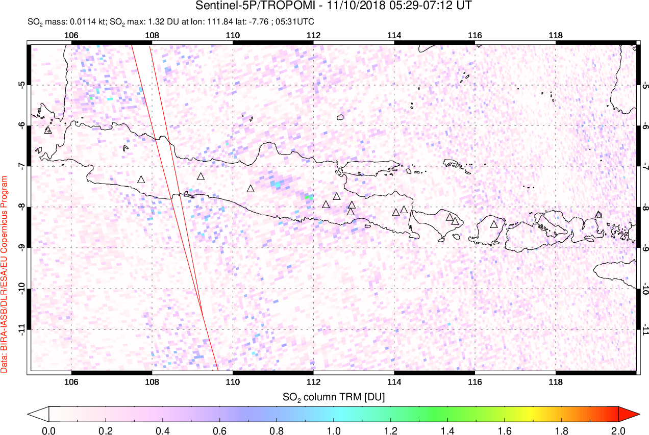 A sulfur dioxide image over Java, Indonesia on Nov 10, 2018.