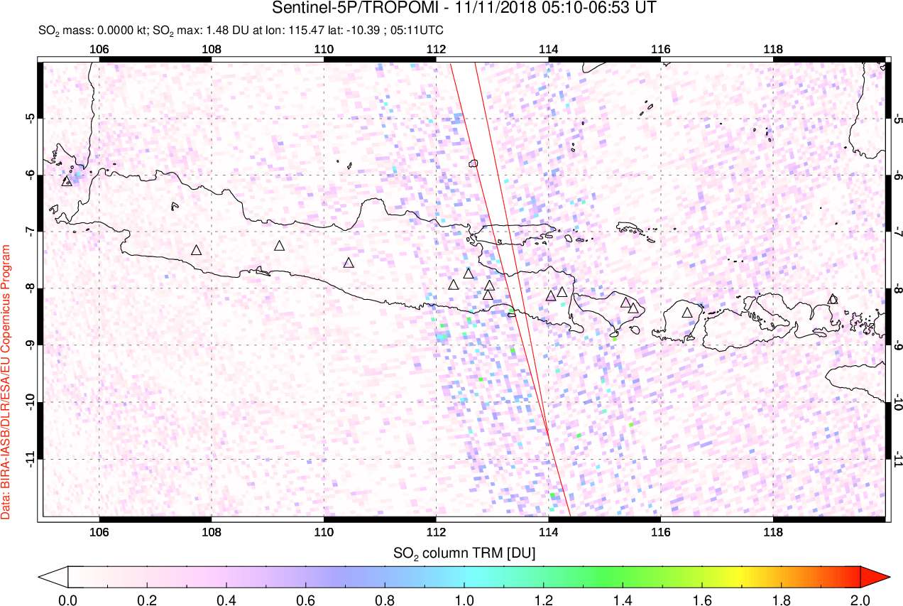 A sulfur dioxide image over Java, Indonesia on Nov 11, 2018.