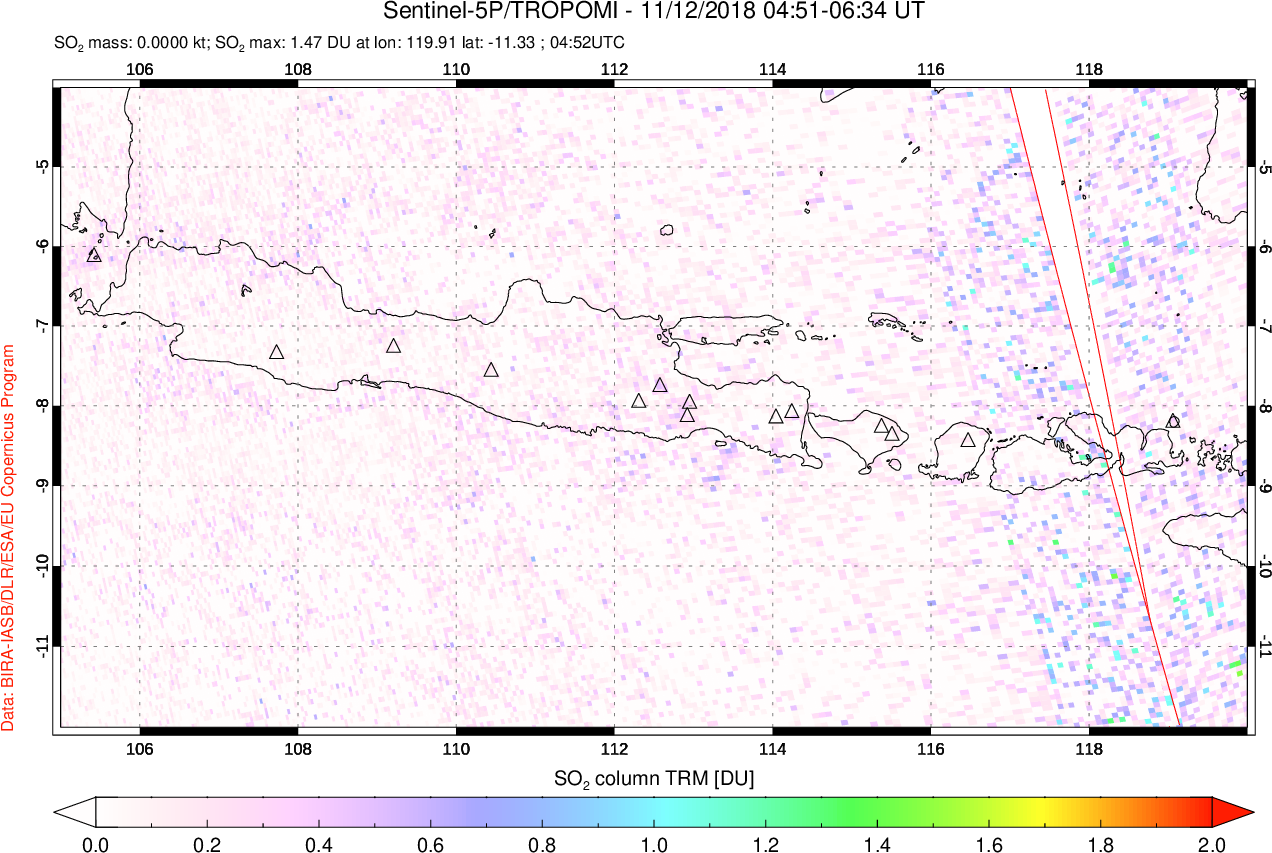 A sulfur dioxide image over Java, Indonesia on Nov 12, 2018.