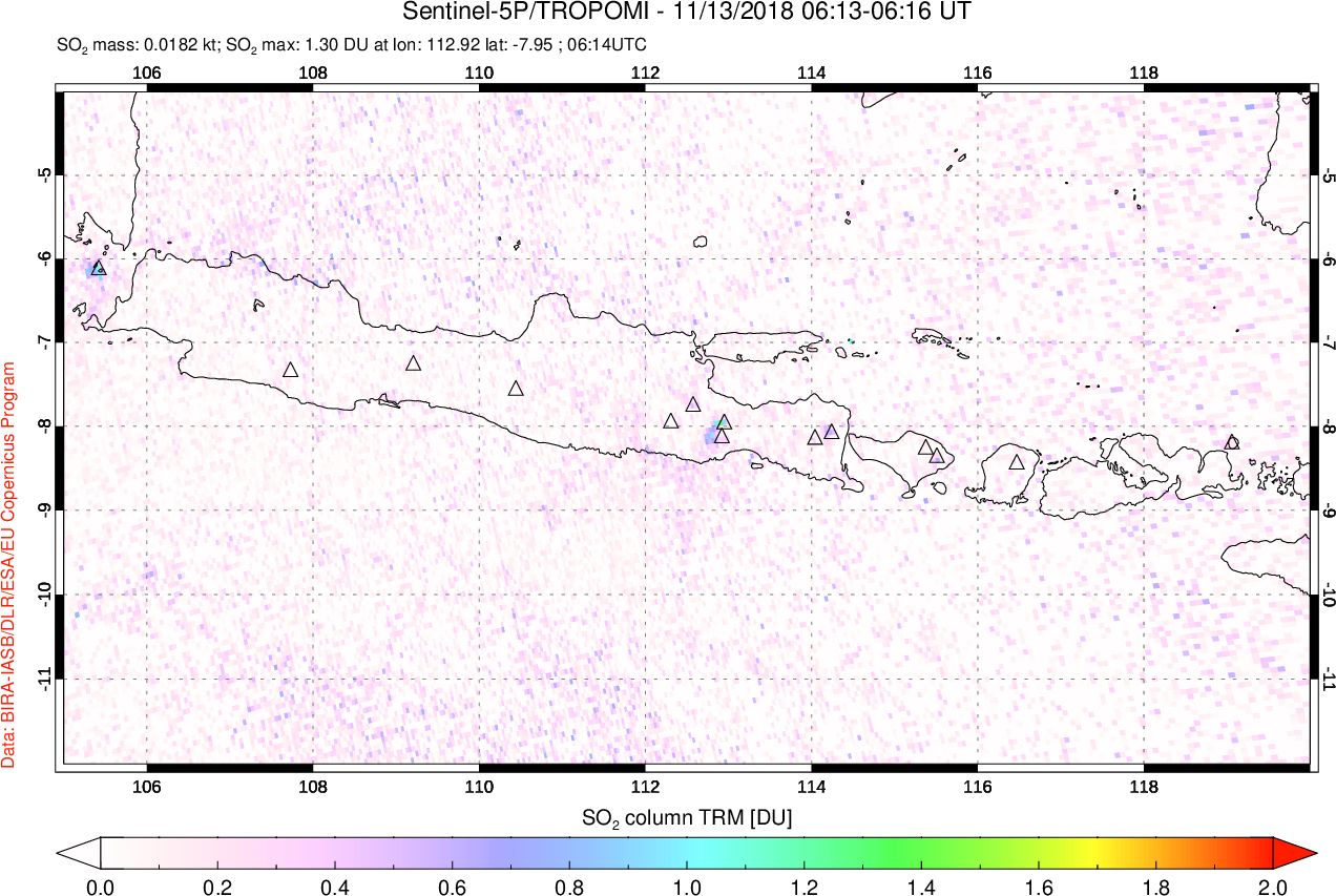 A sulfur dioxide image over Java, Indonesia on Nov 13, 2018.