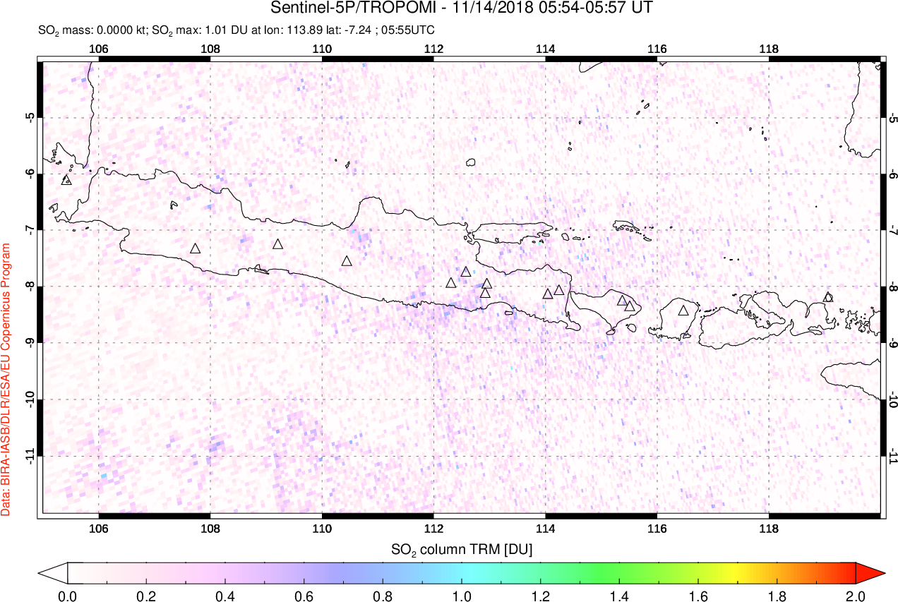 A sulfur dioxide image over Java, Indonesia on Nov 14, 2018.