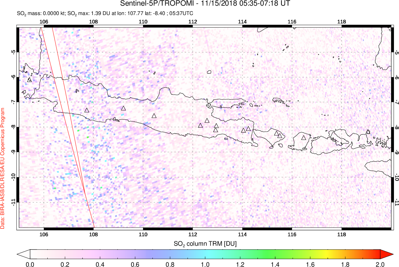A sulfur dioxide image over Java, Indonesia on Nov 15, 2018.