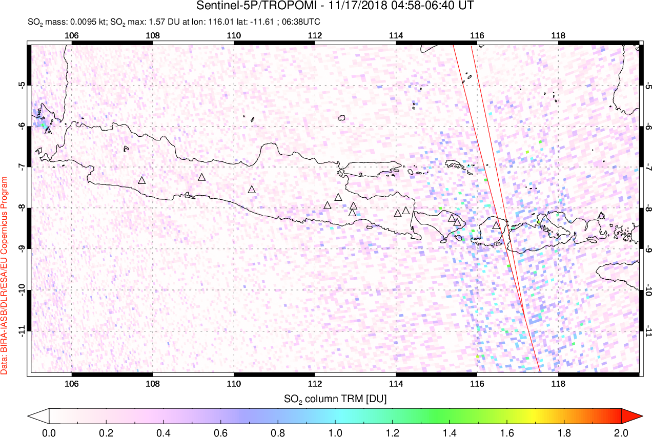 A sulfur dioxide image over Java, Indonesia on Nov 17, 2018.