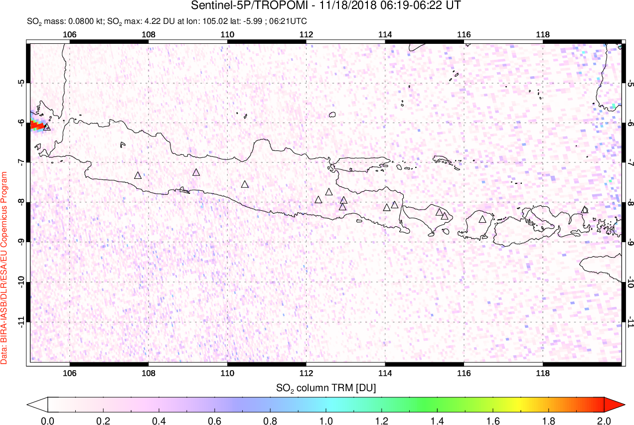 A sulfur dioxide image over Java, Indonesia on Nov 18, 2018.