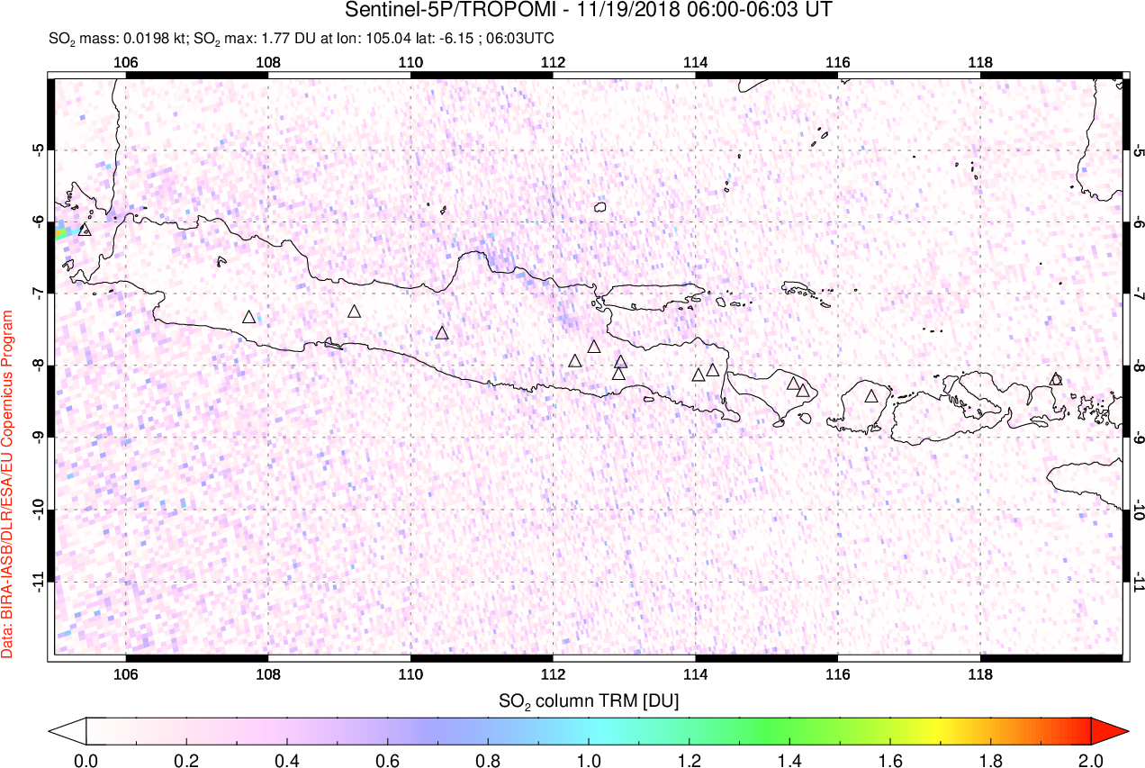 A sulfur dioxide image over Java, Indonesia on Nov 19, 2018.