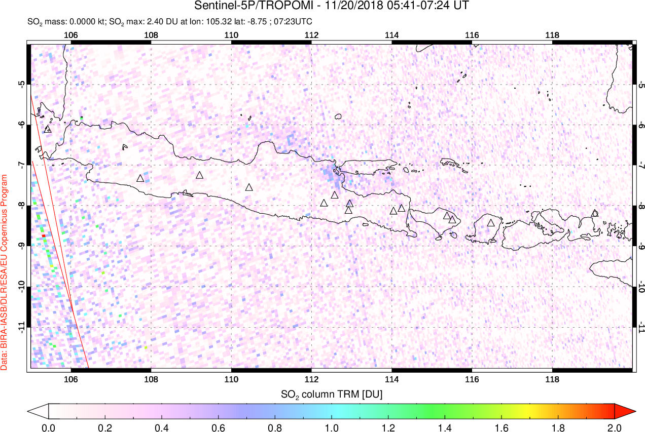 A sulfur dioxide image over Java, Indonesia on Nov 20, 2018.
