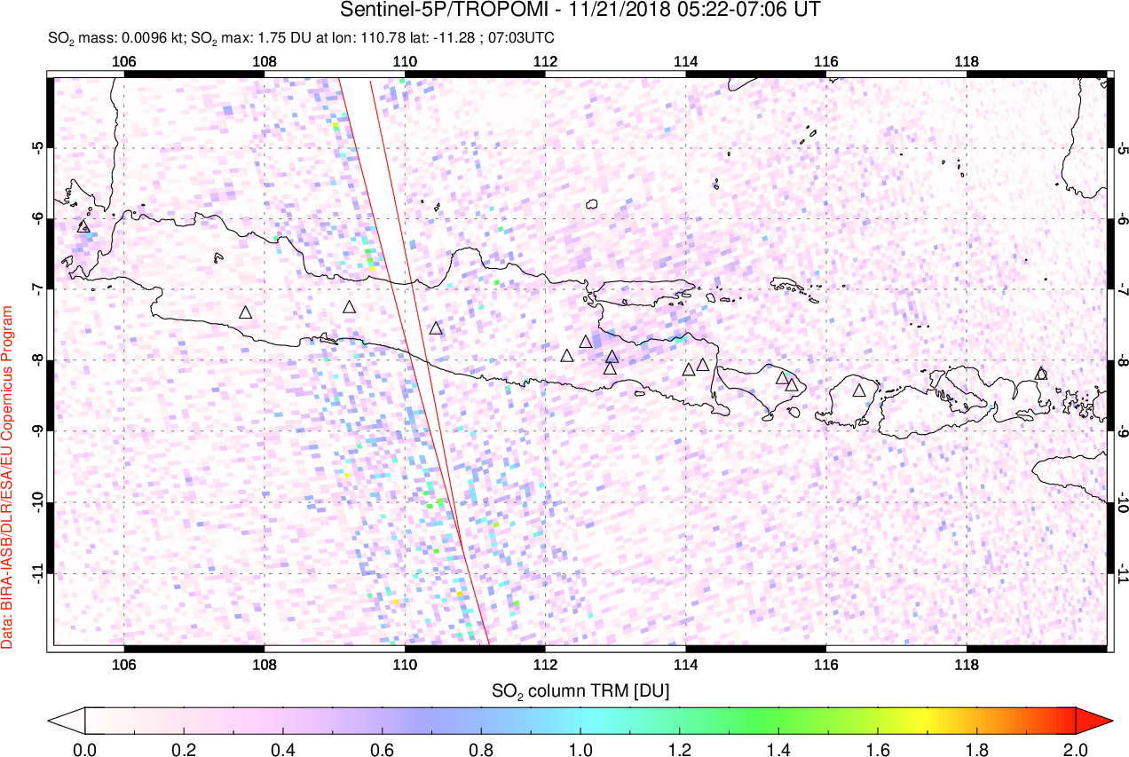 A sulfur dioxide image over Java, Indonesia on Nov 21, 2018.