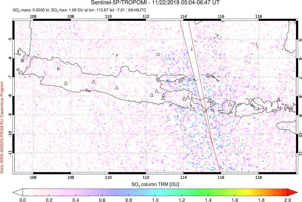 A sulfur dioxide image over Java, Indonesia on Nov 22, 2018.