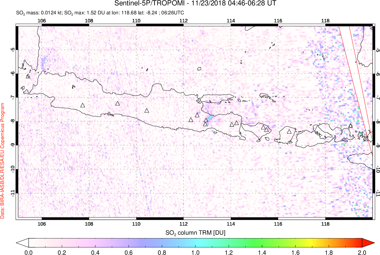 A sulfur dioxide image over Java, Indonesia on Nov 23, 2018.