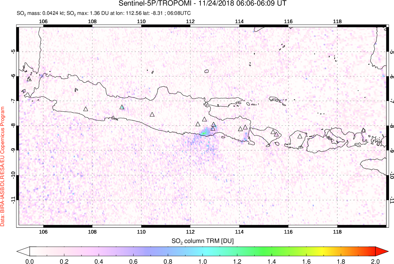 A sulfur dioxide image over Java, Indonesia on Nov 24, 2018.