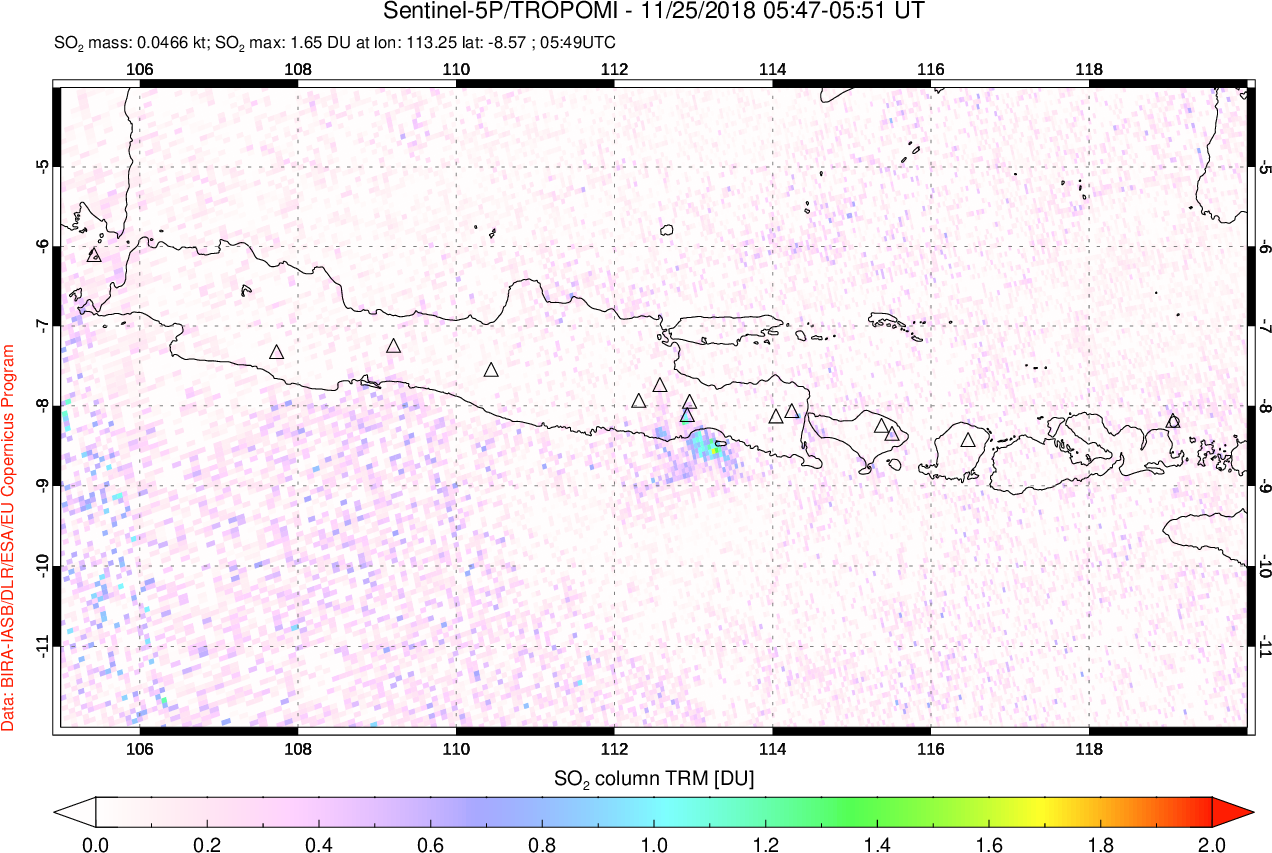 A sulfur dioxide image over Java, Indonesia on Nov 25, 2018.