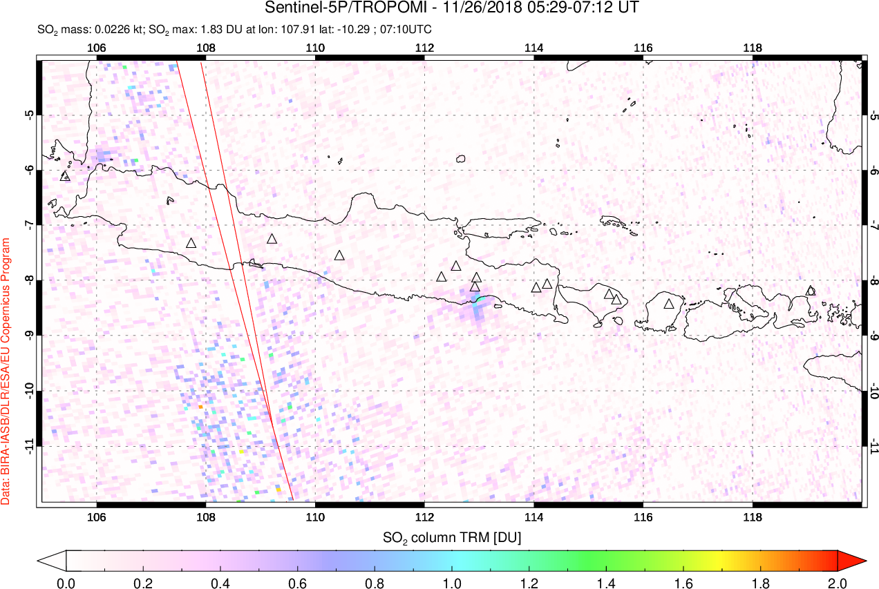 A sulfur dioxide image over Java, Indonesia on Nov 26, 2018.