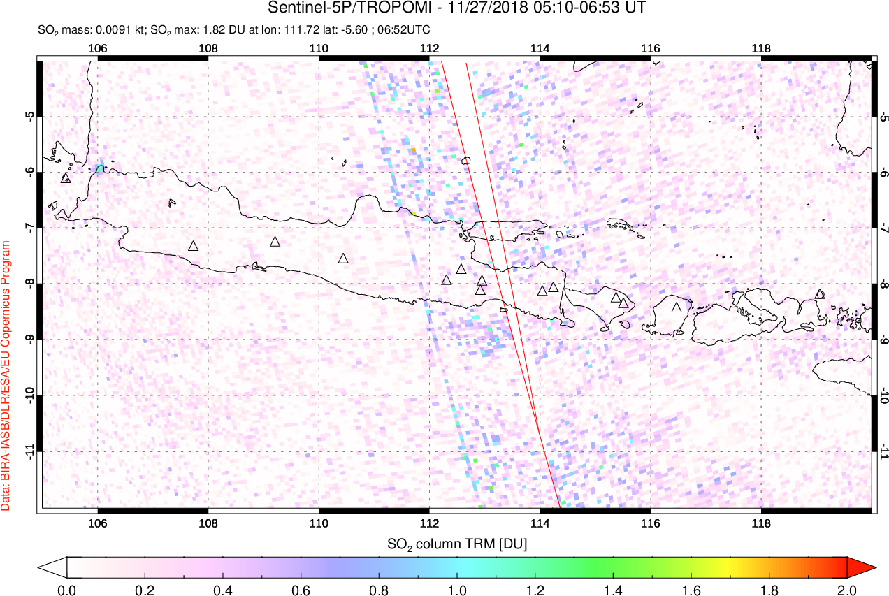 A sulfur dioxide image over Java, Indonesia on Nov 27, 2018.