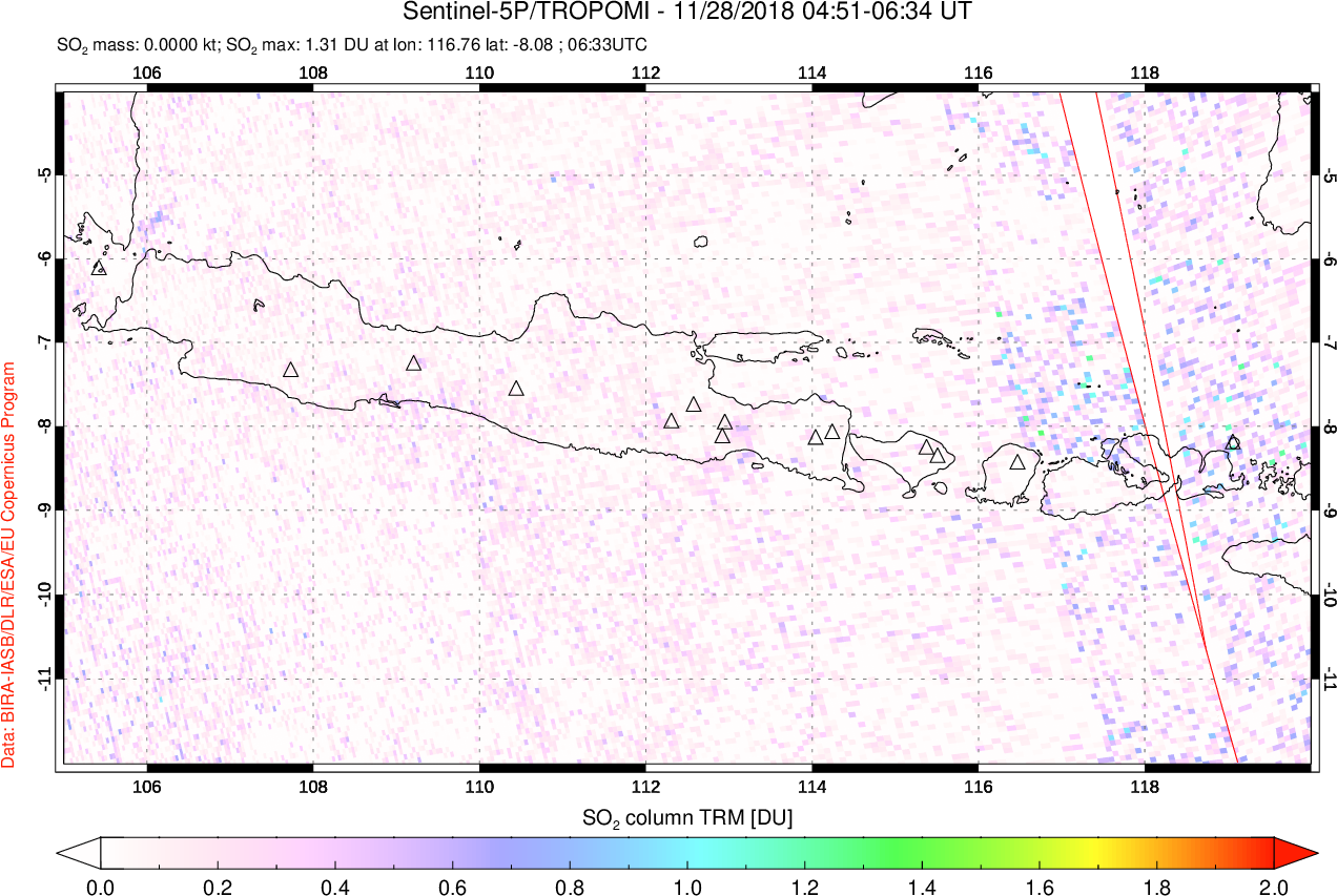 A sulfur dioxide image over Java, Indonesia on Nov 28, 2018.