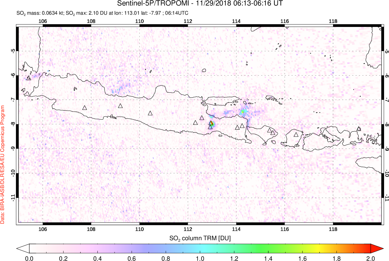 A sulfur dioxide image over Java, Indonesia on Nov 29, 2018.