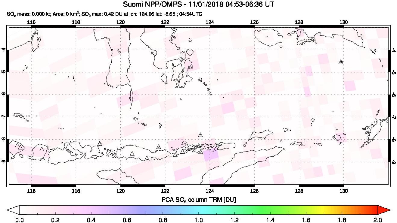 A sulfur dioxide image over Lesser Sunda Islands, Indonesia on Nov 01, 2018.